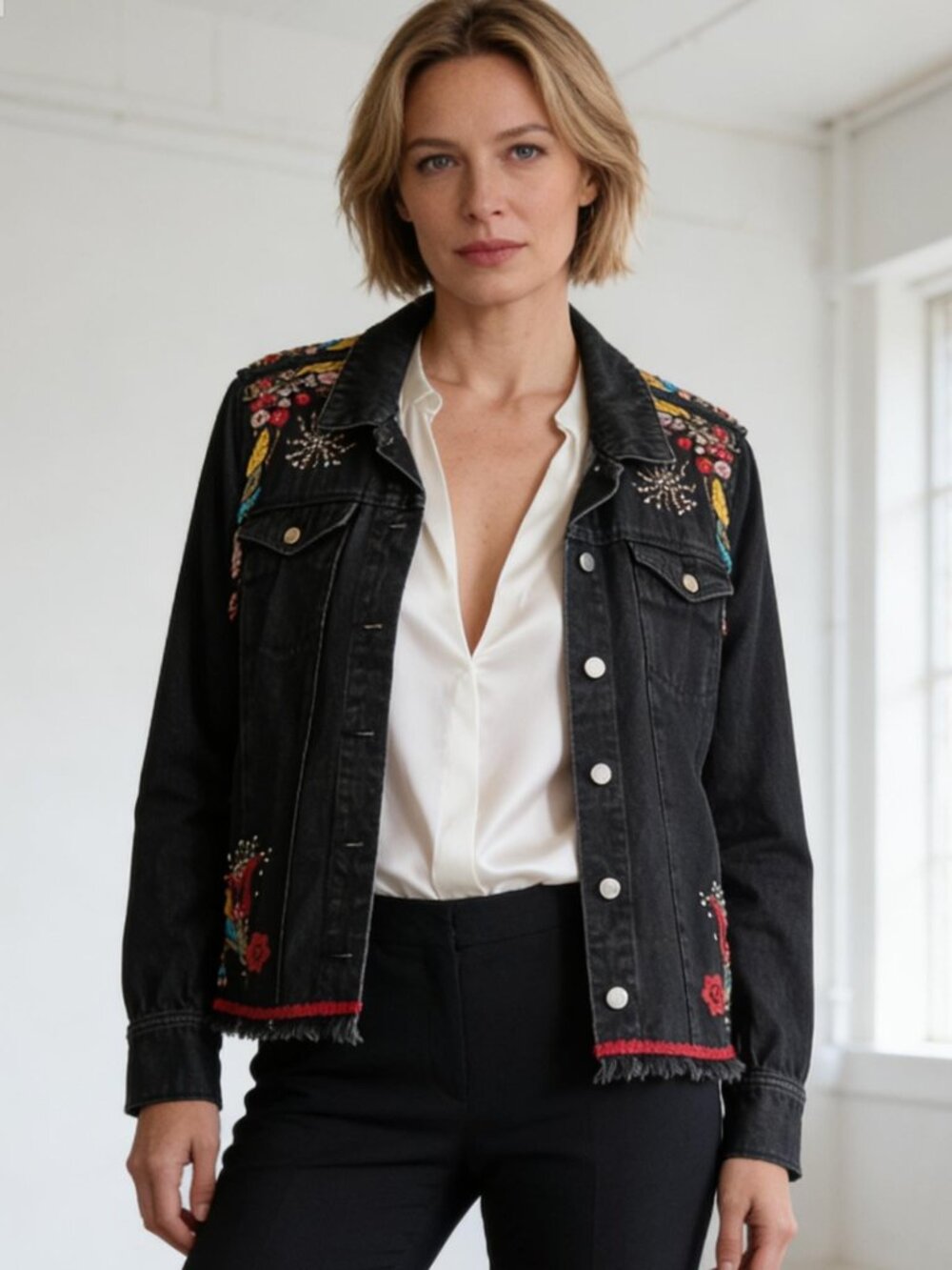 CURATIONS Women's Jean Jacket Black Denim Colorful Embroidery MEDIUM